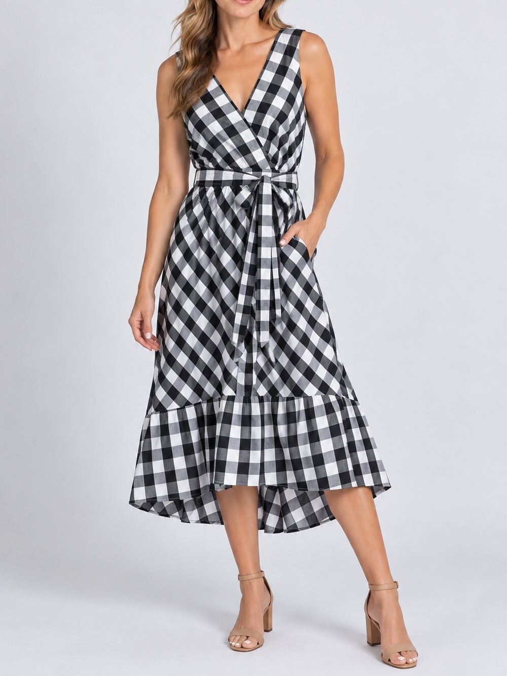 J. Crew | Black & White Gingham Wrap Midi Dress with Tie Waist | Size 12